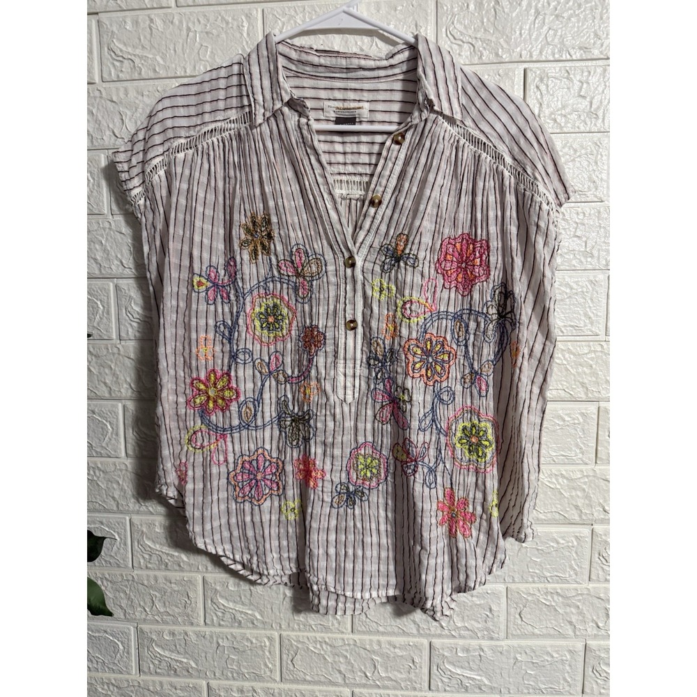 Pilcro Anthropologie Serena Surf Henley Top XS Striped Embroidered Boho Shirt